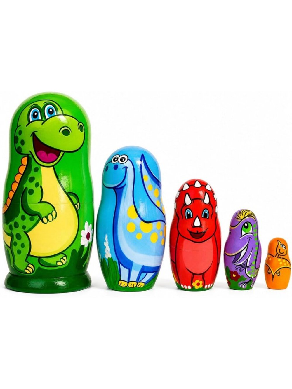 Set of 5 Dinosaur Wooden Nesting Dolls - Cute 6-Inch Decor for Kids & Collectors
